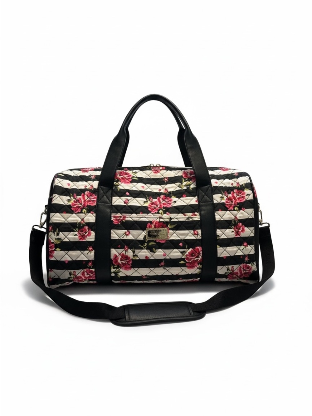 Betsey Johnson Quilted Floral Striped Weekender Duffel Bag Black Rose Coquette